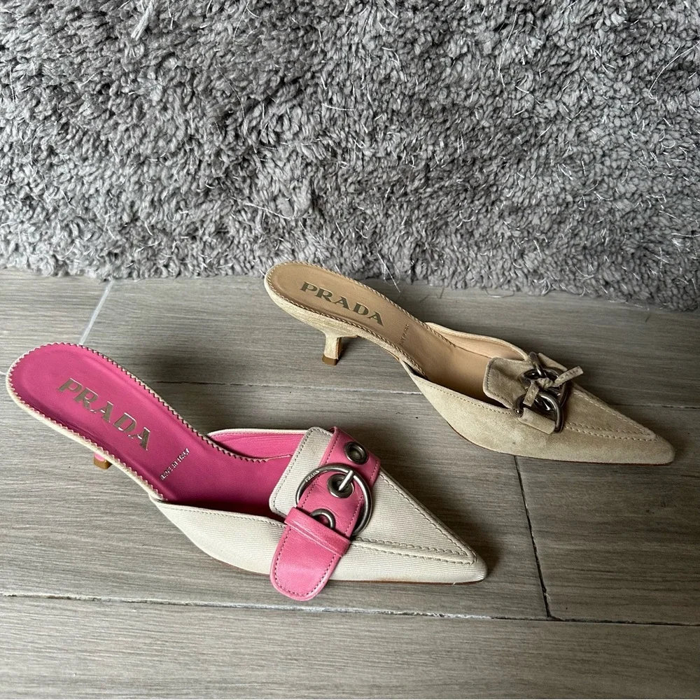 Prada Kitten Heel Mules Colorblock Suede Leather - Picture 2 of 5